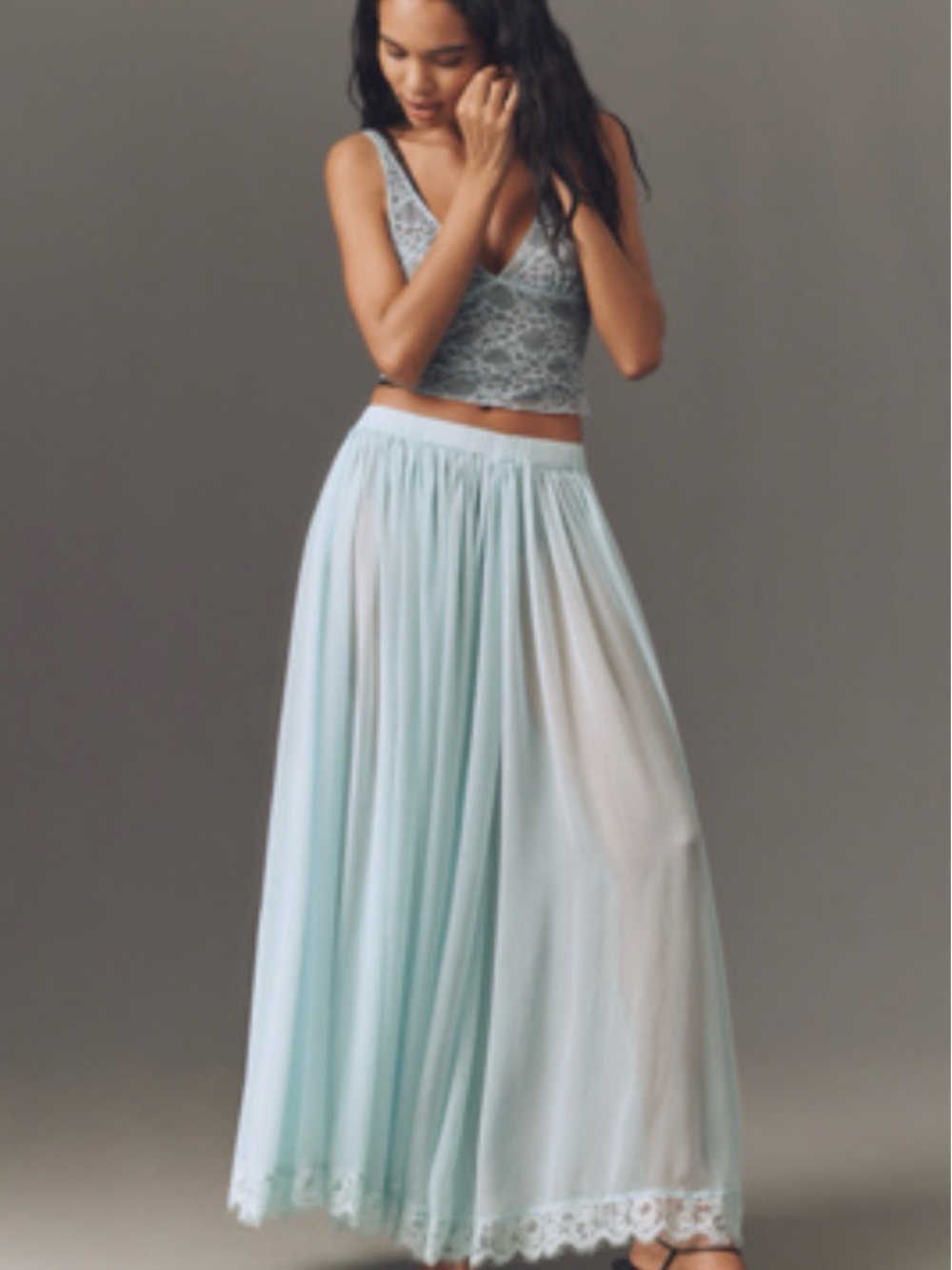 Anthropologie Light Blue Lace-Trim Maxi Skirt